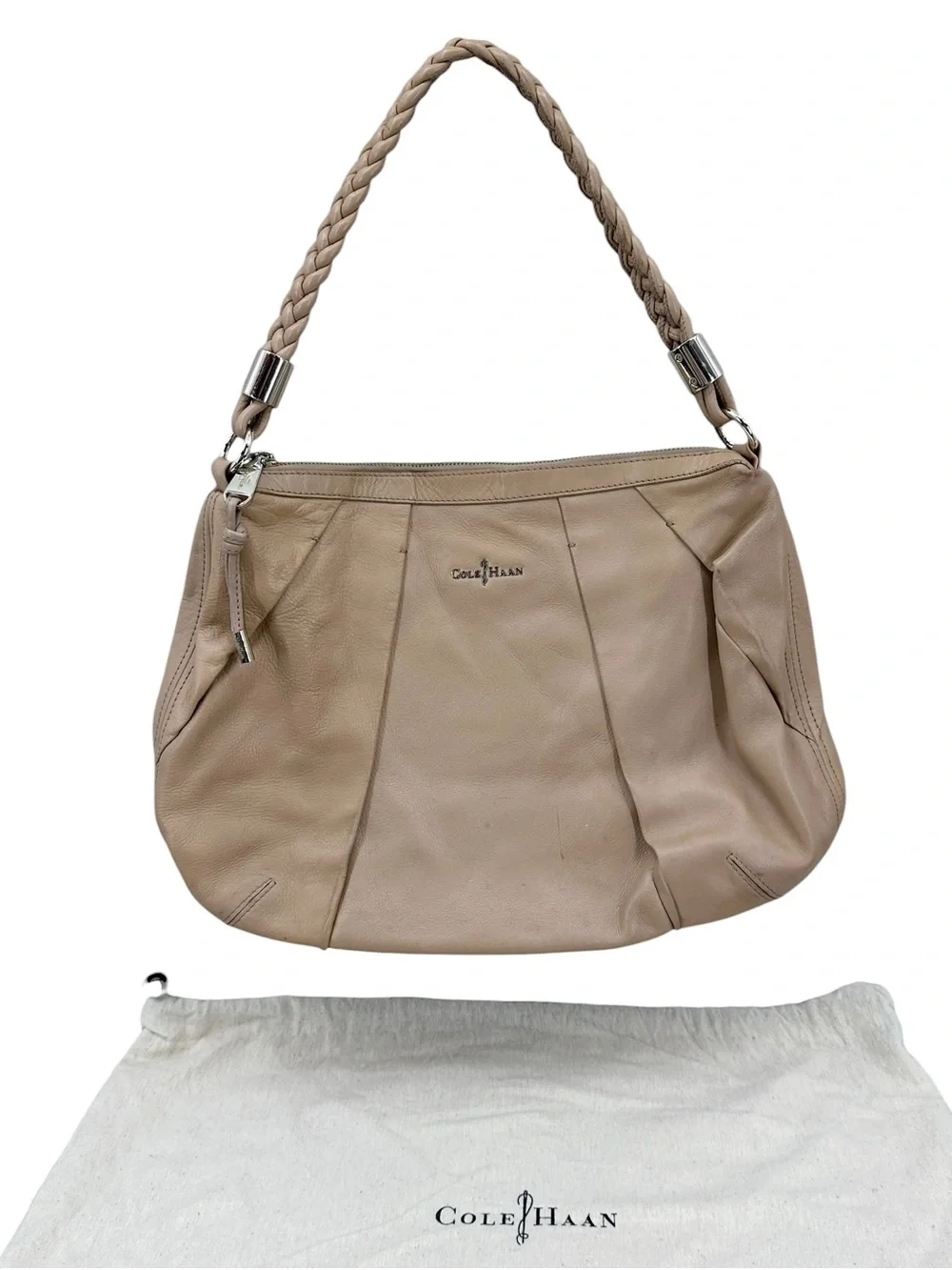 COLE HAAN Purse Tan Leather Bucket Style Braided Strap Shoulder Bag